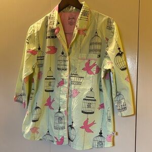 Nick & Nora Green Birdcage Pajama Top Cropped Sleeves Medium